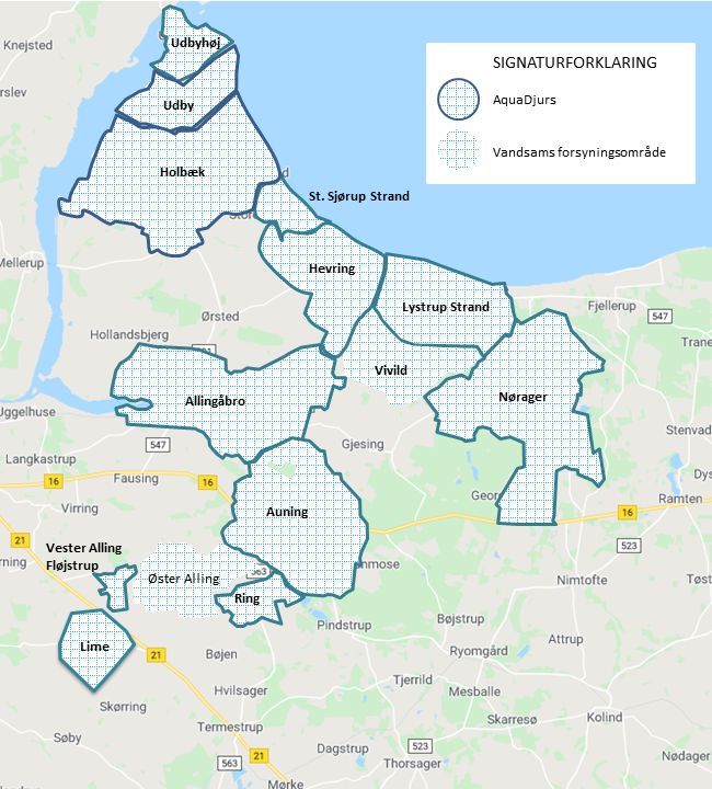 AquaDjurs og Vandsams forsyningsområder